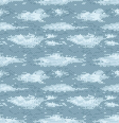The seamless blue pixel background with clouds.
