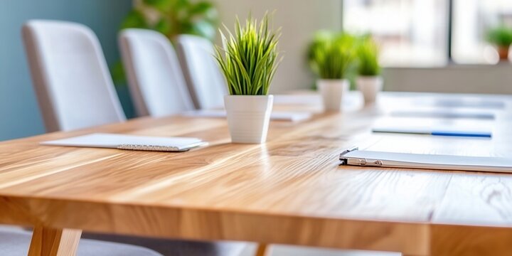 Modern office meeting space with decorative plants and documents.