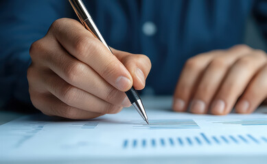 Business Professional Analyzing Financial Data with Pen in Hand