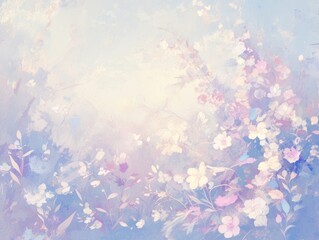 Ethereal and dreamy view with a soft pastel - hued sky, adorned with delicate floral patterns. A backdrop of various flowers has petals gently moving in the light, offering a peaceful and alluring pla