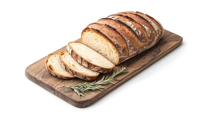 A freshly baked loaf of sourdough bread, sliced and displayed on a wooden board, garnished with a sprig of rosemary.
