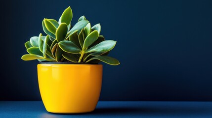 Obraz premium A small jade plant in a vibrant yellow pot, set on a navy blue background