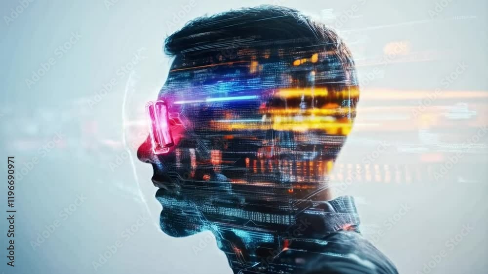 Poster A profile view of a person wearing futuristic glasses, with a digital overlay of data visualizations depicting technology used in cyber defense.
