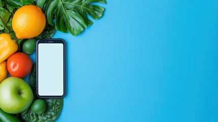 Fresh Fruits and Vegetables with Smartphone on Blue Background