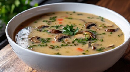 Creamy soup brimming with mushrooms, herbs, and vibrant vegetabl