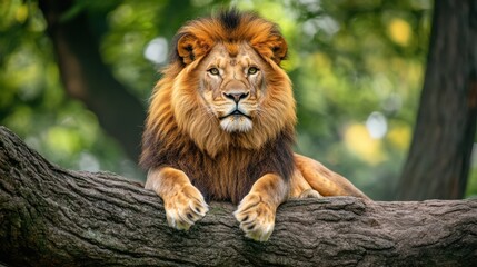 Fototapeta premium Majestic male lion rests on a tree branch.