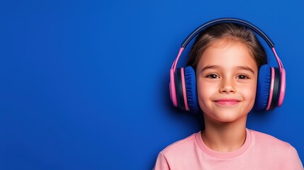 Smiling girl with headphones enjoying music against blue background