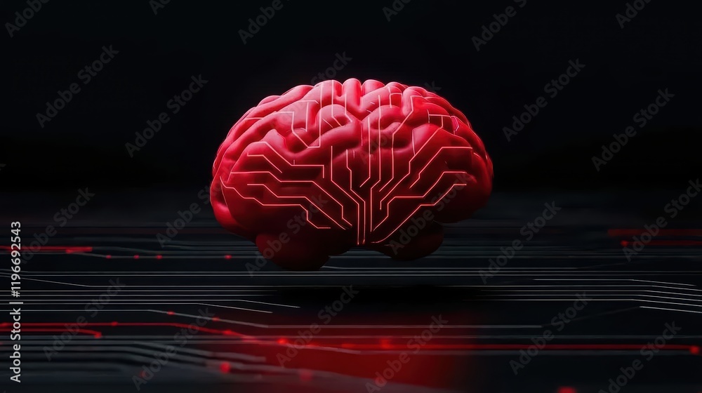 Poster futuristic red brain with circuit patterns on dark background