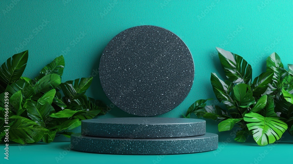 Canvas Prints Modern Minimalist Display with Dark Circular Shapes and Green Foliage