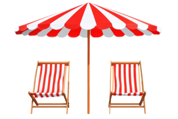 
Beach umbrella with red and white stripes next to two deck chairs, isolated on a transparent background, in a flat lay composition. 
