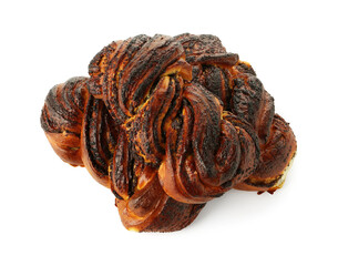 Tasty buns with poppy seeds isolated on white, top view