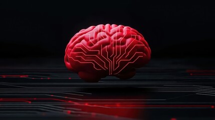 Futuristic Red Brain with Circuit Patterns on Dark Background
