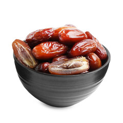 Tasty dried dates in bowl isolated on white