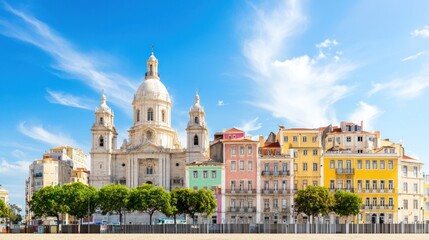 Obraz premium Colorful buildings and church under a bright sky