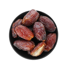 Tasty dried dates in bowl isolated on white, top view