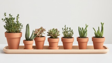 Fototapeta premium A variety of mini potted herbs arranged on a wooden tray, set on a clean white table