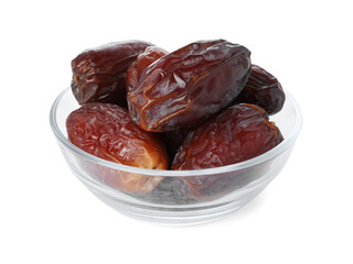 Tasty dried dates in bowl isolated on white