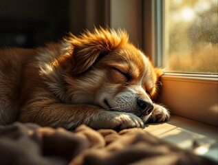 A small brown dog with a red and white fluffy tail is laying on a brown blanket with its head on its front paw. The dog is sleeping with its eyes closed.