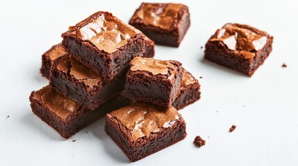 Rich brownies stacked artfully, showcasing glossy tops and fudgy