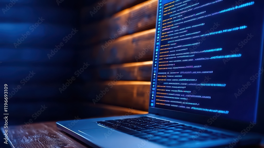 Poster elegant laptop displaying colorful coding lines in dim ambient light