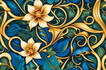 Seamless floral pattern design with golden flowers and blue-green leaves on dark background