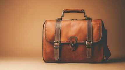 A vintage-style leather satchel on a gradient sepia-to-brown background