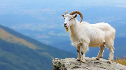 Obraz premium A white goat with long horns standing on a rocky cliff overlooking a valley