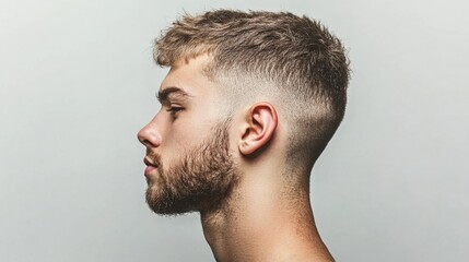 Obraz premium A youthful tapered haircut with a gradual fade, highlighted on a clean white background