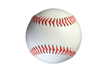 Close-up view of a baseball with red laces on transparent background