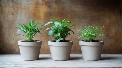 Miniature plants in concrete pots, styled on a rustic wooden background with natural light