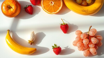 bright, overhead shot of assorted fruit on a white background