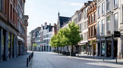 Obraz premium Quiet street lined with historic buildings and trees in a city.