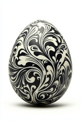 Exquisite black and white Easter egg with baroque-inspired swirling patterns, symbolizing timeless elegance