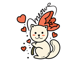 Cartoon cat with heart. Cute Sticker. Vector.