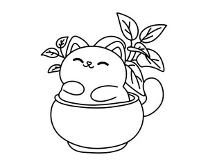 A cute cat sits in a vase. Vector.