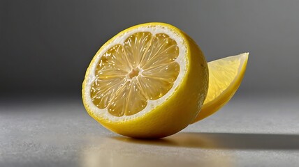 lose-up shows a sliced yellow lemon on a gray surface, with another lemon slice just behind