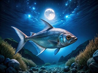 Fototapeta premium Silver Moony Fish Underwater Night Swim, Ocean Wildlife, Marine Life Photography
