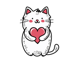 Cartoon cat with heart. Cute Sticker. Vector.