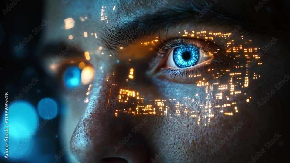 Poster A close-up of a human eye creatively integrated with digital patterns symbolizing cyber defense and advanced technology in a futuristic setting.