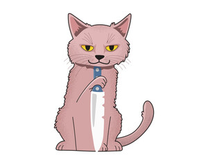 Funny cat with a knife. Cartoon character. Vector.