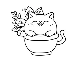 A cute cat sits in a vase. Vector.