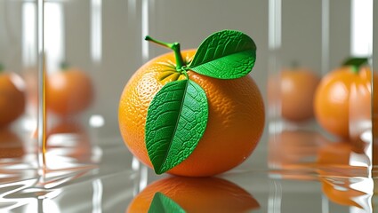 lose-up view of a realistic orange with two green leaves, positioned in front of other oranges