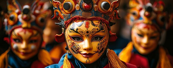 Colorful masks and elaborate costumes characterize this cultural performance, showcasing traditional artistry and spirituality.