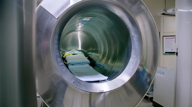 CT scanner, Computed Tomography standing open in a hospital room with a nurse preparing equipment in the background, ready for a patient to receive hyperbaric oxygen therapy