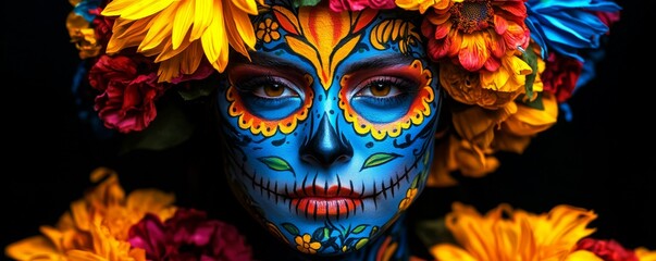 Naklejka premium A vibrant portrait featuring a woman adorned with colorful floral decorations and intricate face paint, celebrating cultural themes of life and death.