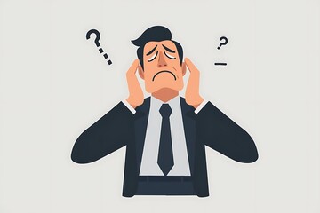 Overwhelmed Businessman: A stylized illustration of a businessman covering his ears, surrounded by question marks, depicting stress, confusion, and decision fatigue in the modern workplace.  