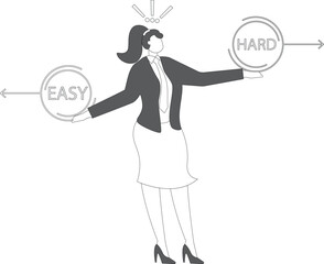 Hard or easy path to career success or business growth, businesswoman carrying a sign choosing the direction of the easy or hard route