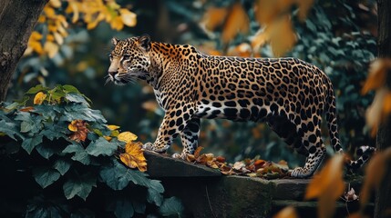 Majestic jaguar in autumn foliage.