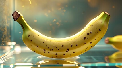 speckled banana rests on a glass surface with a blurred background