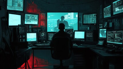 Hacker Working Late Night In Cybersecurity Command Center